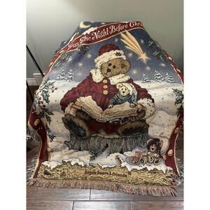 Vtg Boyds Bears Christmas tapestry Throw Blanket Twas The Night Before Christmas